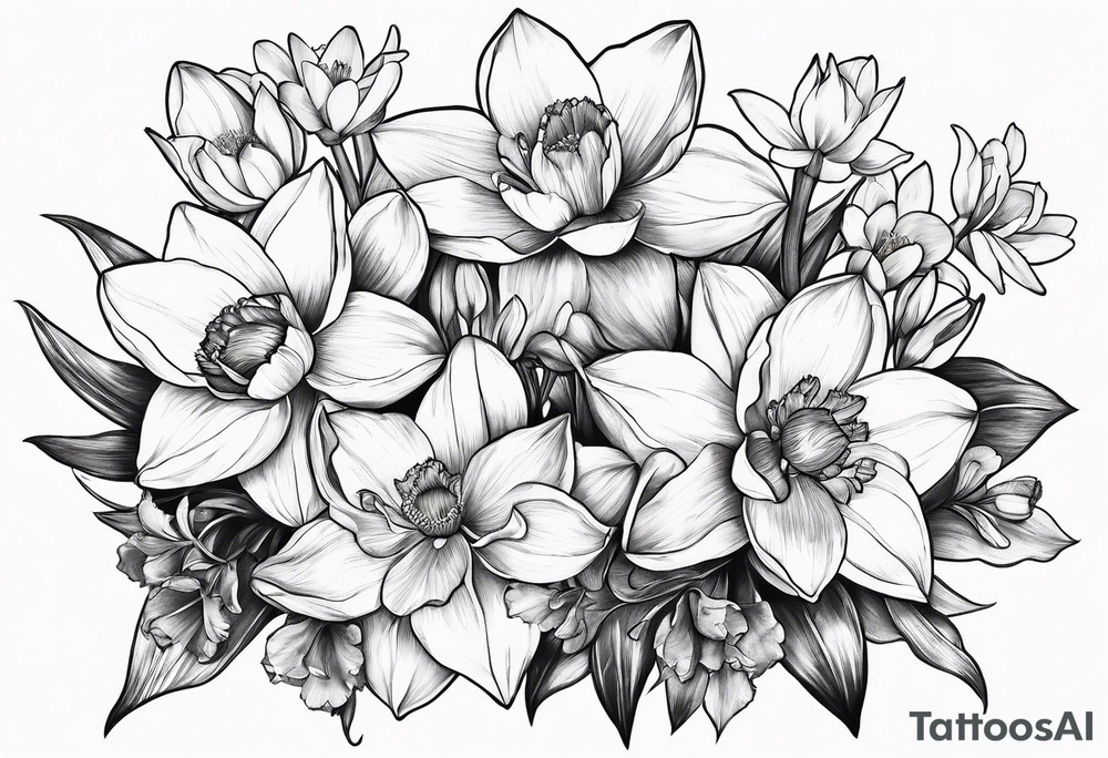 Bouquet of daffodils, water lily’s, and larkspur tattoo idea