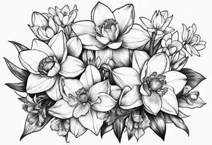 Bouquet of daffodils, water lily’s, and larkspur tattoo idea