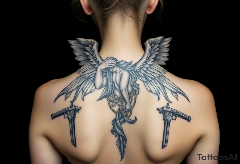 old angel statue in criminal style, tattooed and at the same time contemporary, weapons in hand, gangster-style gold necklaces tattoo idea