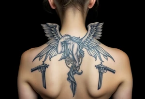 old angel statue in criminal style, tattooed and at the same time contemporary, weapons in hand, gangster-style gold necklaces tattoo idea
