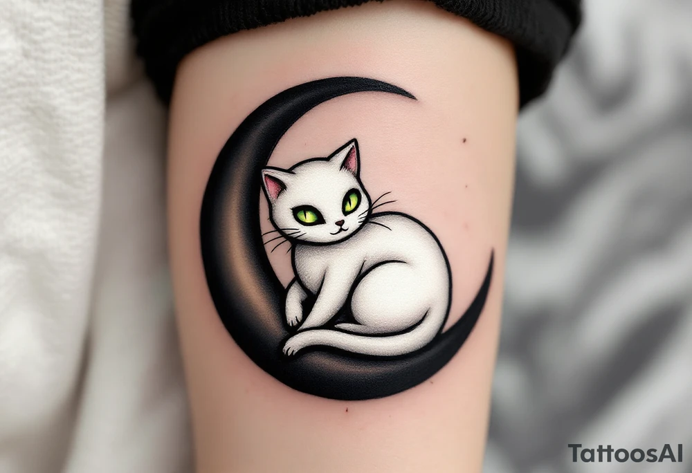 Tim Burton’s ghost cat glows faintly white with sunken green eyes, curled on a black crescent moon. tattoo idea