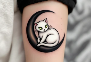 Tim Burton’s ghost cat glows faintly white with sunken green eyes, curled on a black crescent moon. tattoo idea