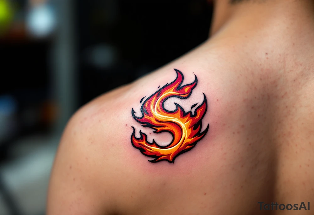 A fiery red and orange "S" resembling dancing flames, with slight smoke effects. tattoo idea