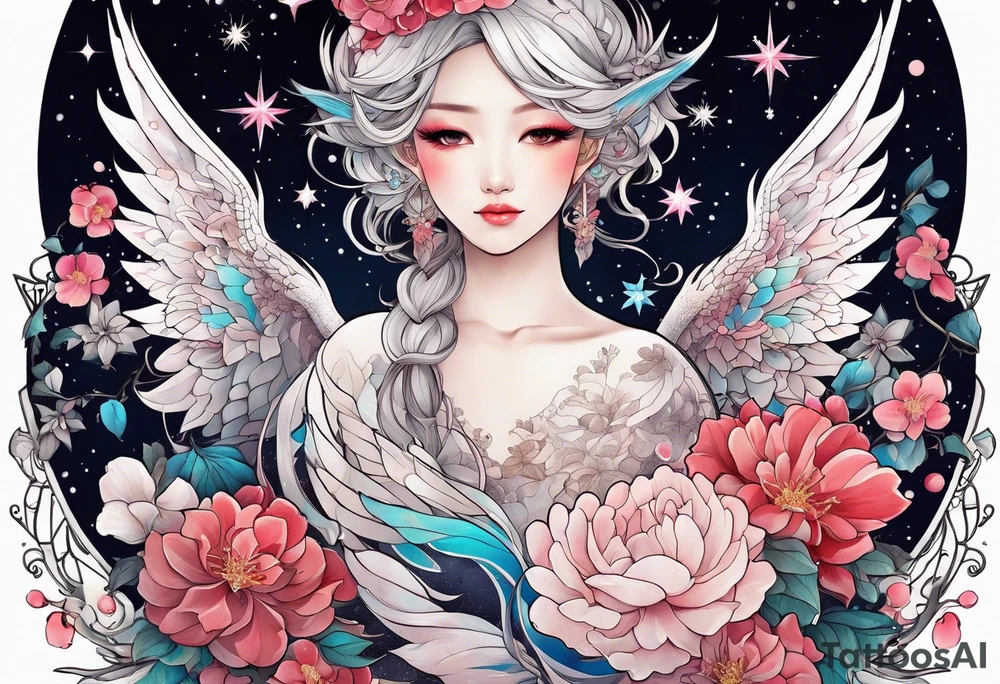Constellation, wing , snow , cross , dragon female japan kawaii , flower tattoo idea