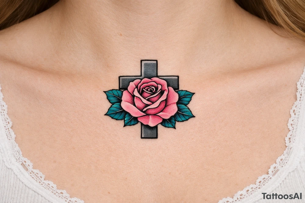 Pink rose , petrol leaves no stem, 
 cross behind it, cross is grey, cross is solid and has straight lines tattoo idea