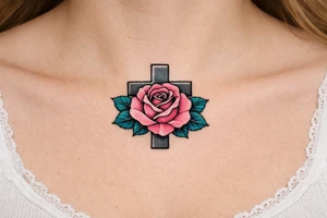 Pink rose , petrol leaves no stem, 
 cross behind it, cross is grey, cross is solid and has straight lines tattoo idea