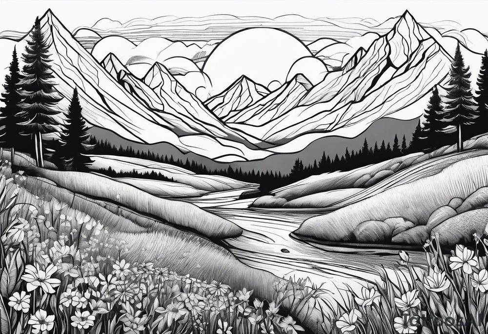 small, fine line, mountains, sun, wildflowers tattoo idea small, fine line, mountains, sun, wildflowers tattoo idea