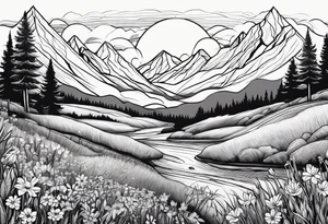 small, fine line,  mountains, sun, wildflowers tattoo idea