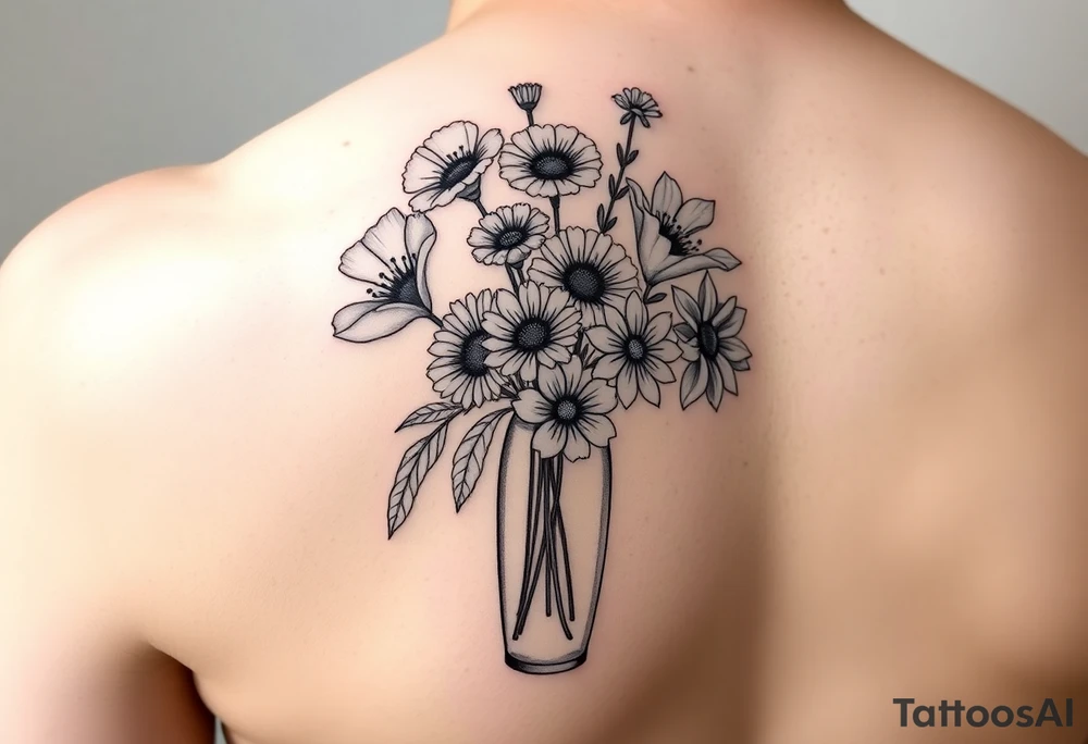 poppy, gladiolus, holly, narcissistic, poinsettia, daisy, and sweet pea arm tattoo in a vase tattoo idea