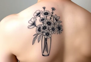 poppy, gladiolus, holly, narcissistic, poinsettia, daisy, and sweet pea arm tattoo in a vase tattoo idea