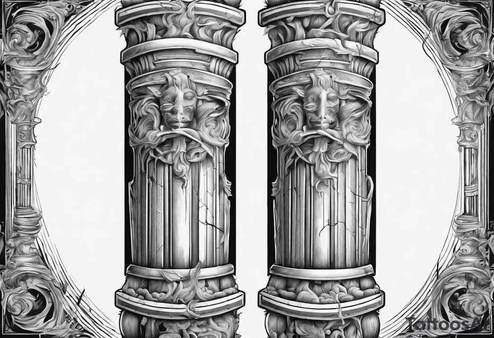 A roman pillar split into two parts, lying on the ground. tattoo idea