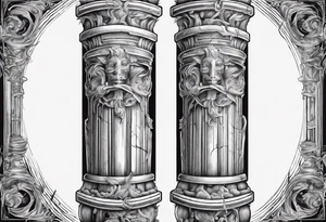 A roman pillar split into two parts, lying on the ground. tattoo idea