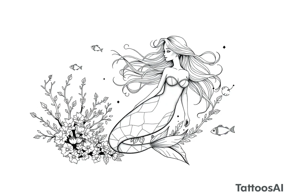 ethereal mermaid with flowing hair among coral reef and small fish tattoo idea