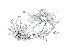 ethereal mermaid with flowing hair among coral reef and small fish tattoo idea