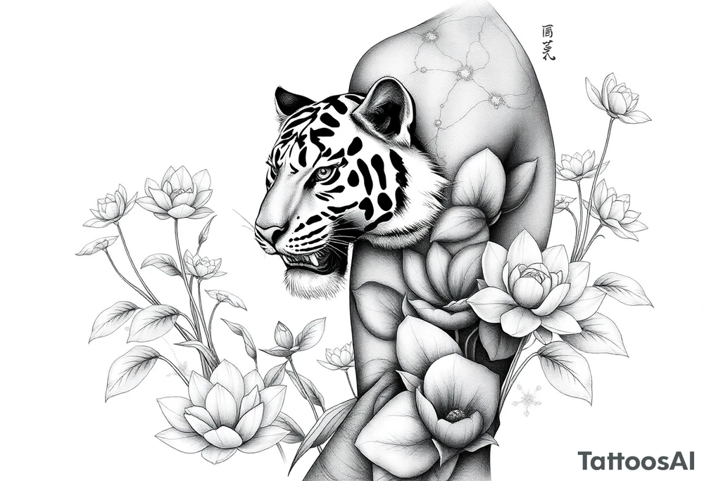 fierce tiger emerging through blooming lotus forrest in mist tattoo idea