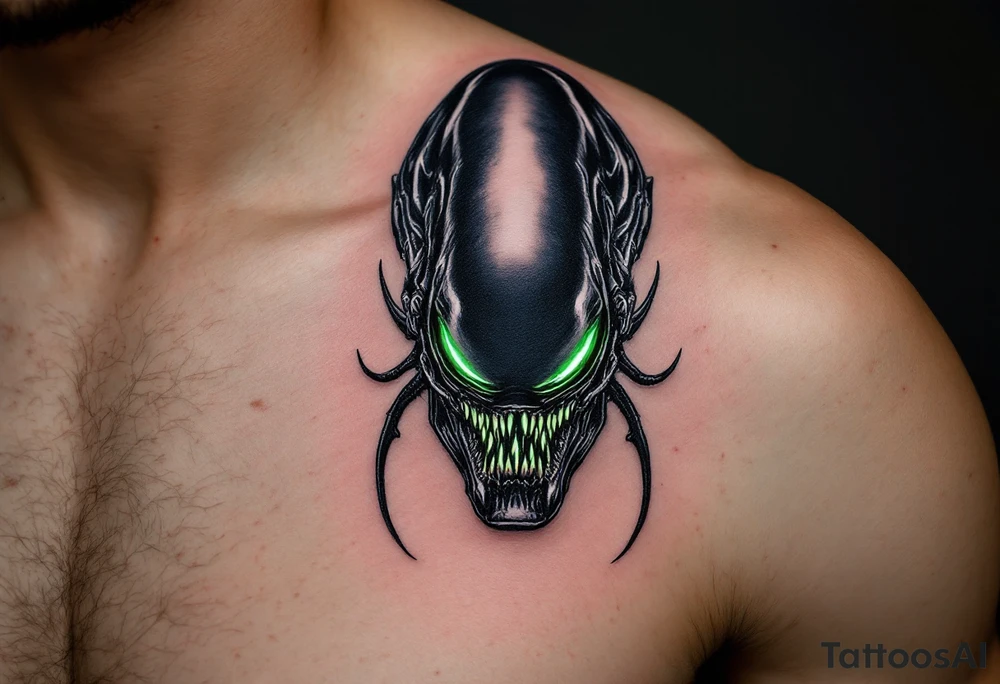 A detailed Xenomorph head with sleek black exoskeleton, glowing green eyes that radiate eerie light, set against a dark, misty background. tattoo idea