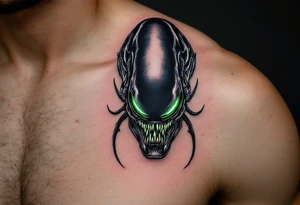 A detailed Xenomorph head with sleek black exoskeleton, glowing green eyes that radiate eerie light, set against a dark, misty background. tattoo idea