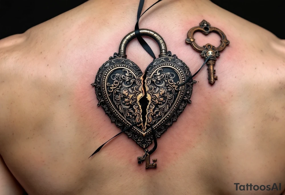 A vintage heart-shaped lock with intricate baroque detailing, cracked slightly at the center, paired with a rusted skeleton key wrapped in a thin black ribbon. The lock is shaded in antique gold and deep bronze, while the key has accents of dark silver and aged steel. tattoo idea