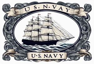 sailing ship in rough seas, front porfile, in oval with rope border, super imposed over crossed cannons, banner at bottom that says US Navy tattoo idea