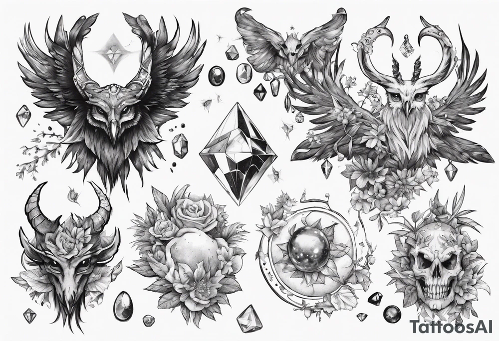The demon Stolas surrounded by gems, astronomy and herbs tattoo idea