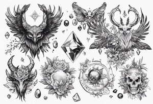 The demon Stolas surrounded by gems, astronomy and herbs tattoo idea