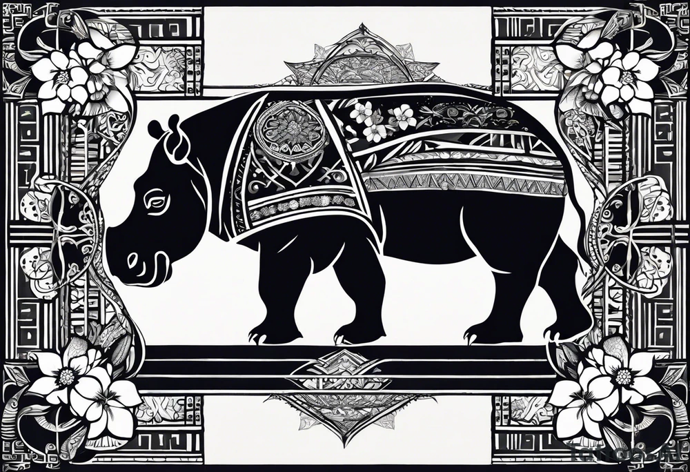 A foot long 2.5inches wide portrait orientation tattoo, containing a detailed hippo headwith tribal patterns in the middle, a full moon on the upper side, and some wintersweet flowwer on the bottom side, these three components are connected with arches, lines, little geometric patterns, the lines will ne fine and narrow tattoo idea