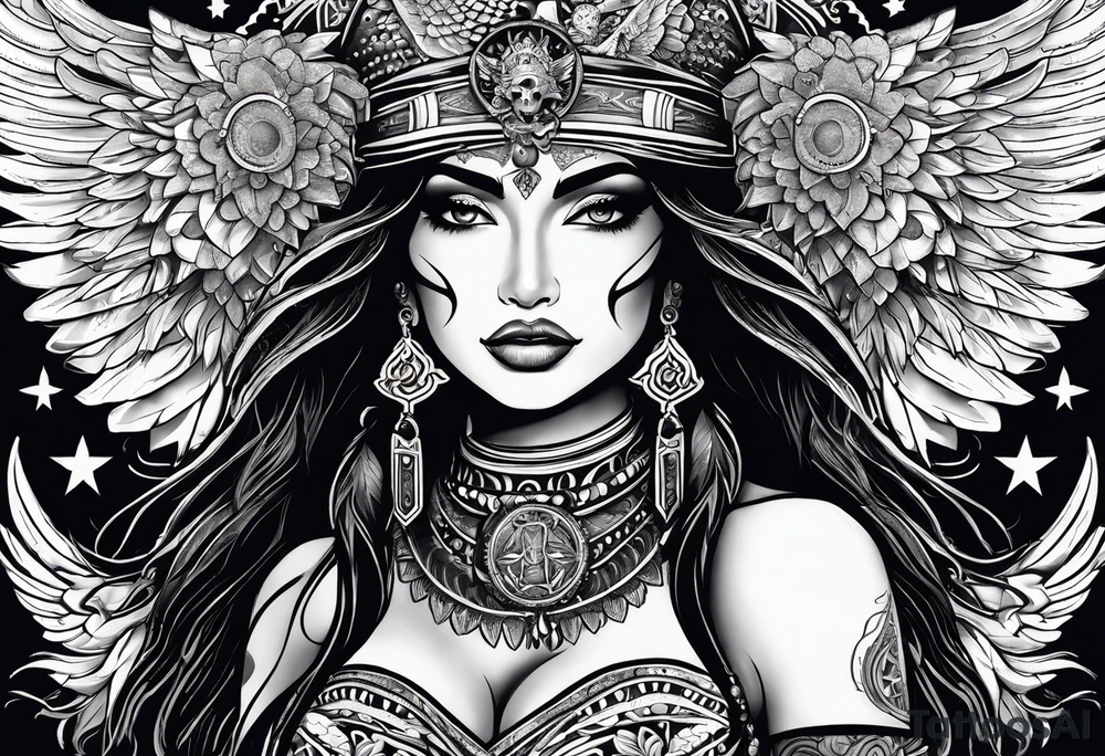 kali, goddess pirate, pachamama, valkrye, warrior, skull, lotus azul, wing, eagle, zenza resonance, stars tattoo idea