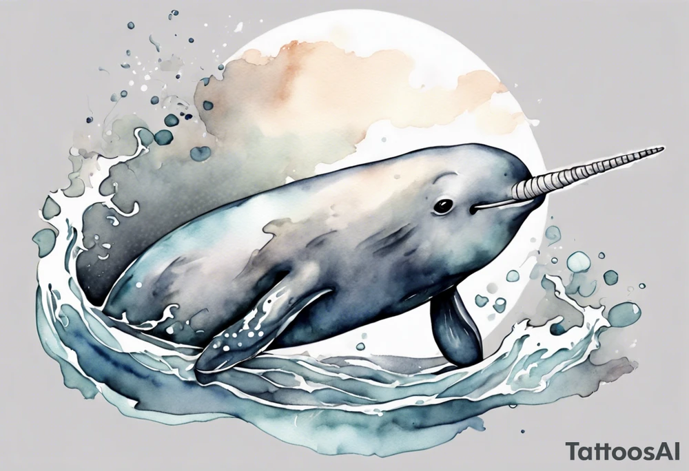 a melancholy watercolor painting of a realistic narwhal in a grey sea tattoo idea