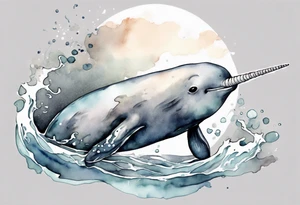 a melancholy watercolor painting of a realistic narwhal in a grey sea tattoo idea