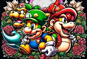 Bowser from Mario holding the severed heads of Mario and Luigi with princess peach standing by bowsers side tattoo idea