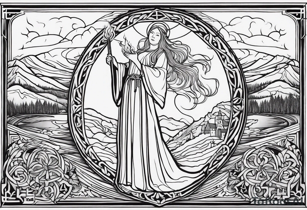 A full back piece themed on the surname mcbride and the irish saint brigid. It should take inspiration from artwork of saint brigid holding fire in her hands. It should have the text Vincit Pericula Virtus on it tattoo idea