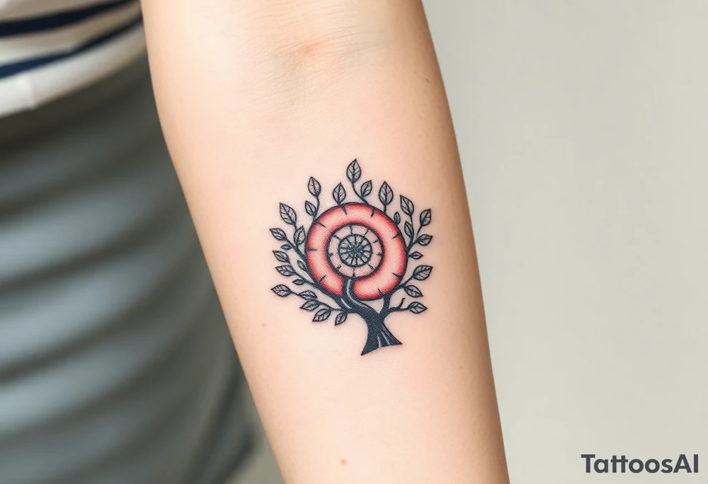 Fibonacci spiral shell inside of tree full of lots of leaves tattoo idea