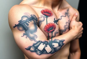 War zone with 2 poppy’s growing out of the smoke with dog tags laying on the ground tattoo idea