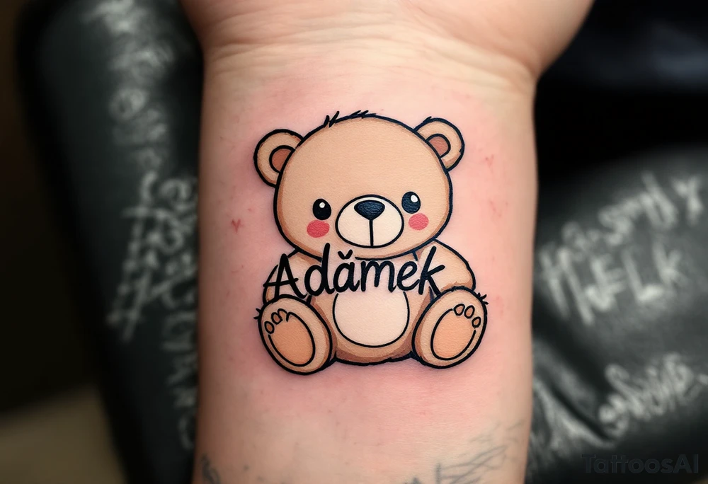 Adámek name written inside a light brown teddy bear, stitched in soft outline style. tattoo idea