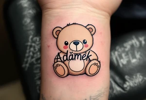 Adámek name written inside a light brown teddy bear, stitched in soft outline style. tattoo idea