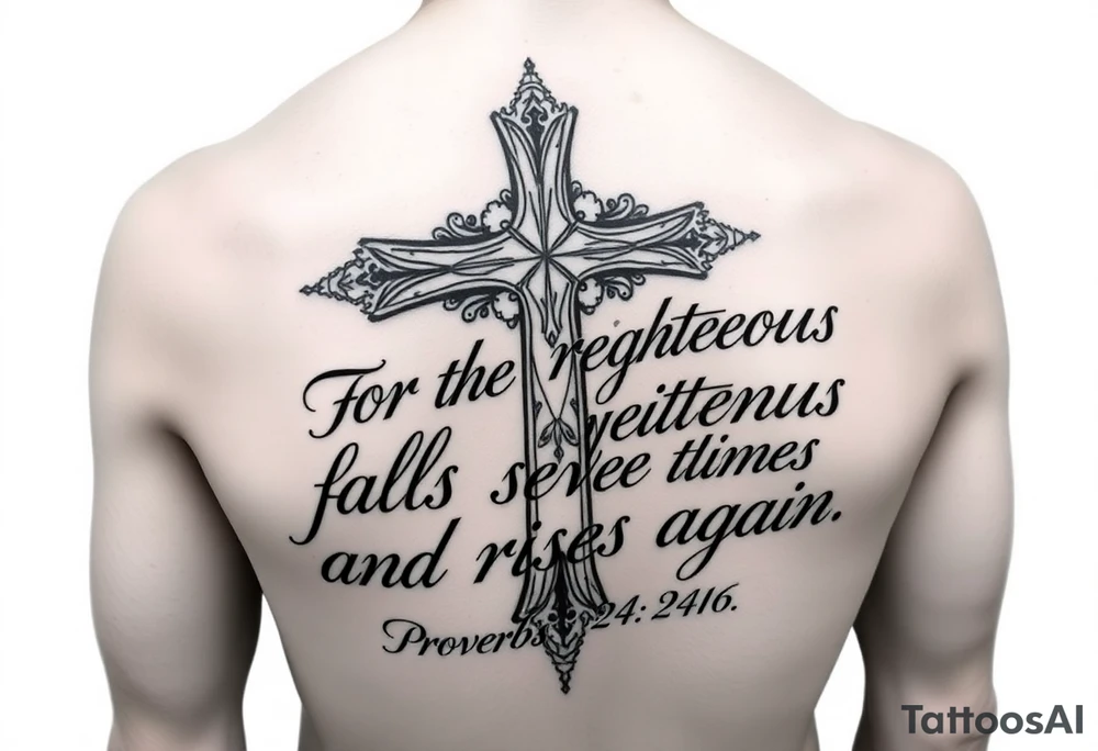 Upper forearm vertical tattoo layout. A large, ornate Christian wood-grain cross serves as the center anchor. Flows into elegant Chicano-style cursive calligraphy that completely fills the upper forearm space. The text spells out the full verse: "For the righteous falls seven times and rises again. Proverbs 24:16". Deep black ink, sharp fine-line details, drop shadows under the letters for depth. Solid white backdrop, absolutely no clouds or smoke backgrounds. tattoo idea