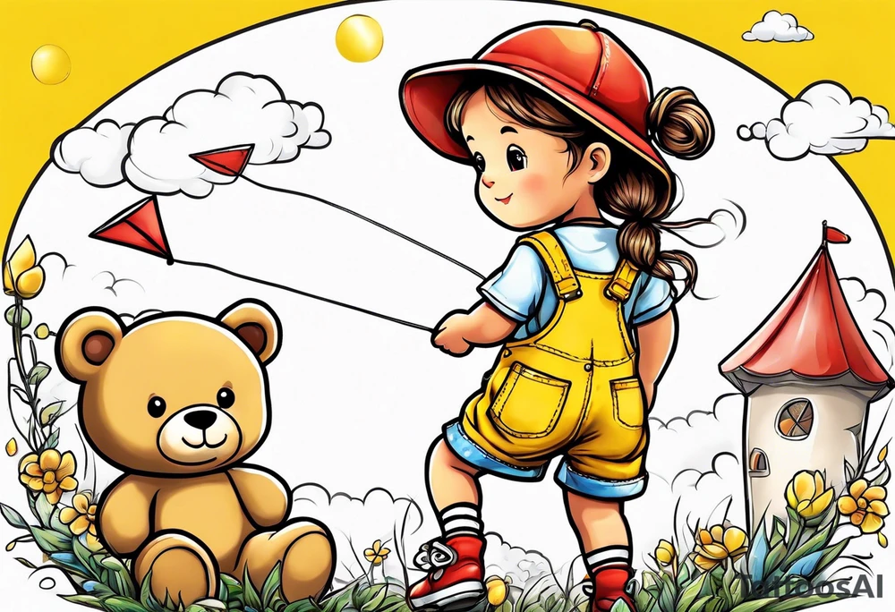 back image of a little girl flying a kite with a teddy bear in yellow overalls beside her tattoo idea