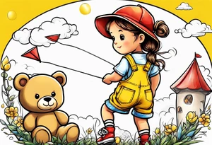 back image of a little girl flying a kite with a teddy bear in yellow overalls beside her tattoo idea