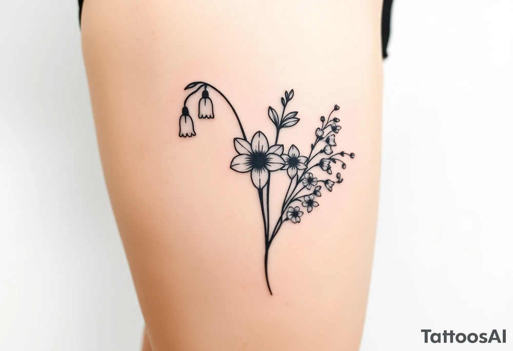Simple small design in black bunch of flowers 1 lily of the valley 1 daffodil 1 holly vine 1 larkspur tattoo idea