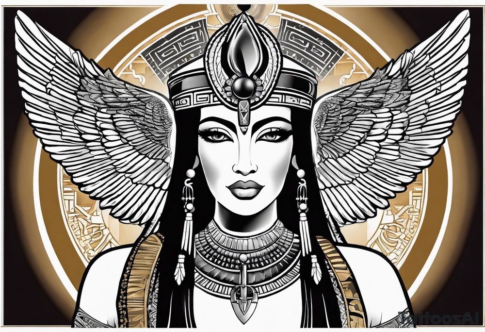blank and white Egyptian goddess Isis, who is often depicted as a woman with outstretched wings, holding an ankh (a symbol of life) in one hand and a lotus flower in the other. Her headdress often includes a throne or a solar disk. The tattoo design can vary in style and size, but it typically aims to capture the essence of this revered Egyptian deity, emphasizing her beauty, power, and maternal qualities. The choice of colors and additional elements can also be customized to create a unique and visually striking representation of the goddess Isis tattoo idea