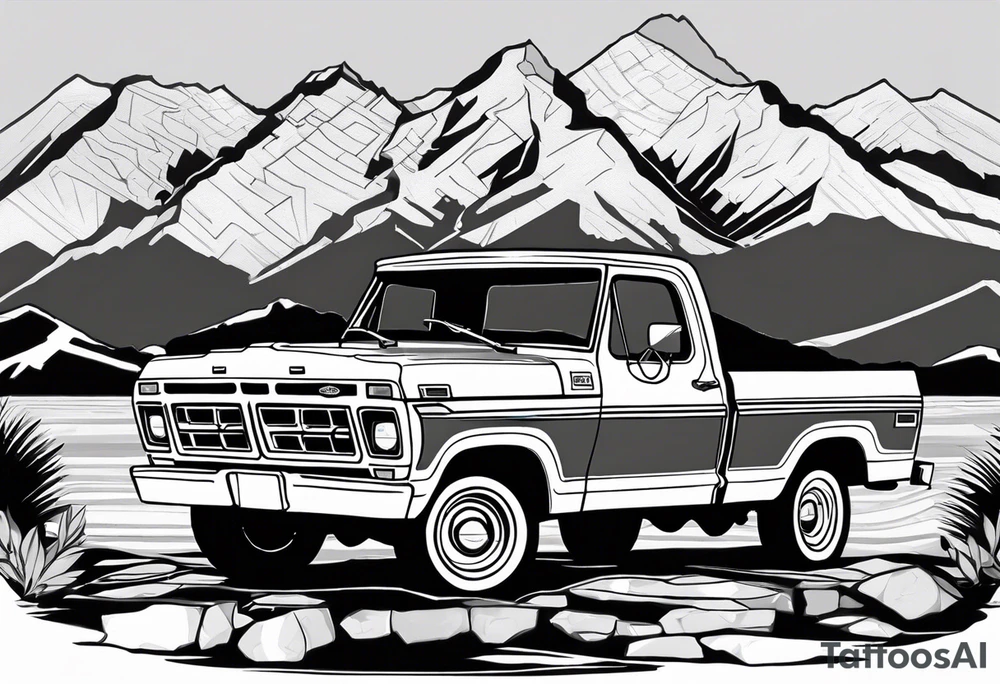 1974 ford f-100 in front of mountains tattoo idea