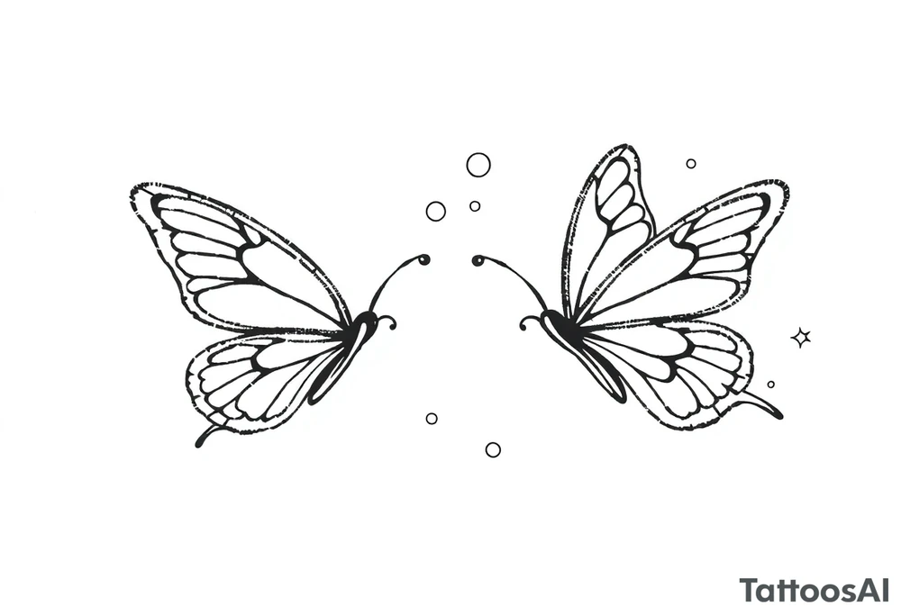 Dainty and fine line cartoon butterflies with bubbles and sparkles tattoo idea