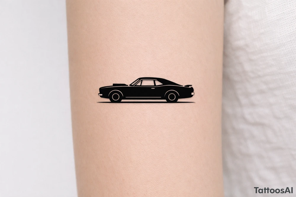Blackwork silhouette of a vintage muscle car on forearm. tattoo idea