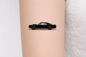 Blackwork silhouette of a vintage muscle car on forearm. tattoo idea