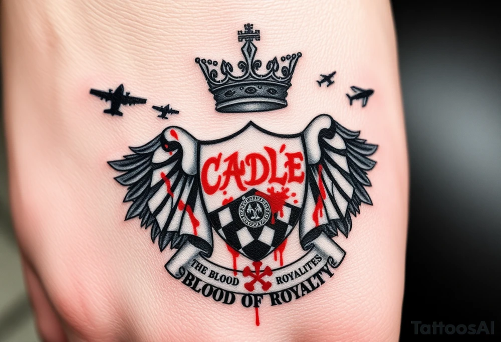 Men Doom Crest  with A Giant King Crown, CAUDLE written inside red, a chessboard, blood splatter on top of two  racing flags & OTF inside, The Words The Blood Of Royalty in red underneath the crest & 🌍 symbol in red outside of the crest, And raining blood drops, Jets/Airplanes/Helicopters/explosives flying above & Guns & Tanks & soldiers & knights plus ships tattoo idea