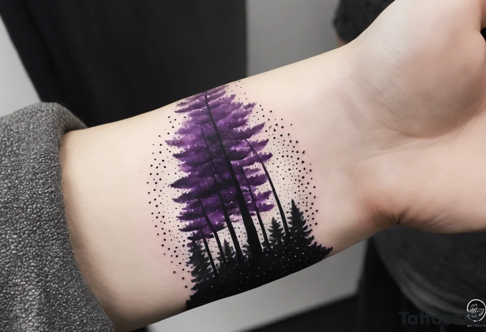 forest, abstract, on hand, no people, purple and black, full, whole wrist wrapped, filled, blackwork tattoo idea