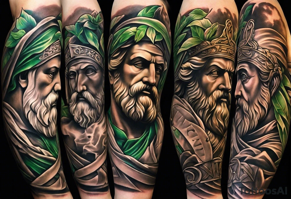 a tattoo full sleeve of stoic heroes in statue form including plato, socrates, alexander the great, julius ceasar, aristotle, pythagorus and william marshal. small amounts of Green english vine plant running through the whole tattoo. all fit on one arm. tattoo idea