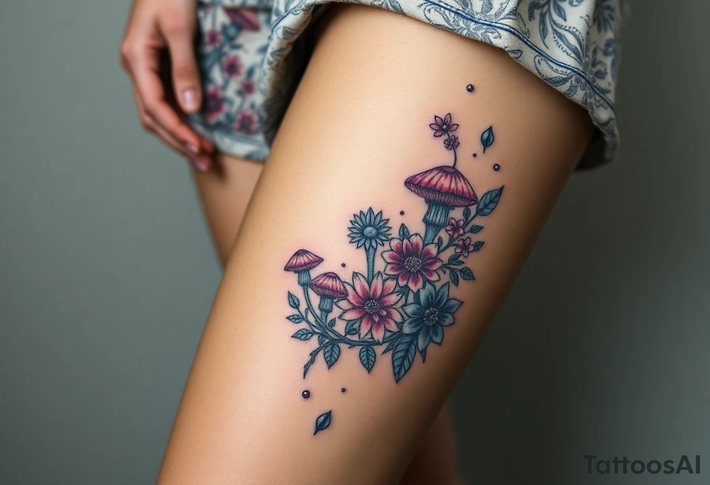 psychedelic  tattoo with crystals and  flowers and mushrooms tattoo idea