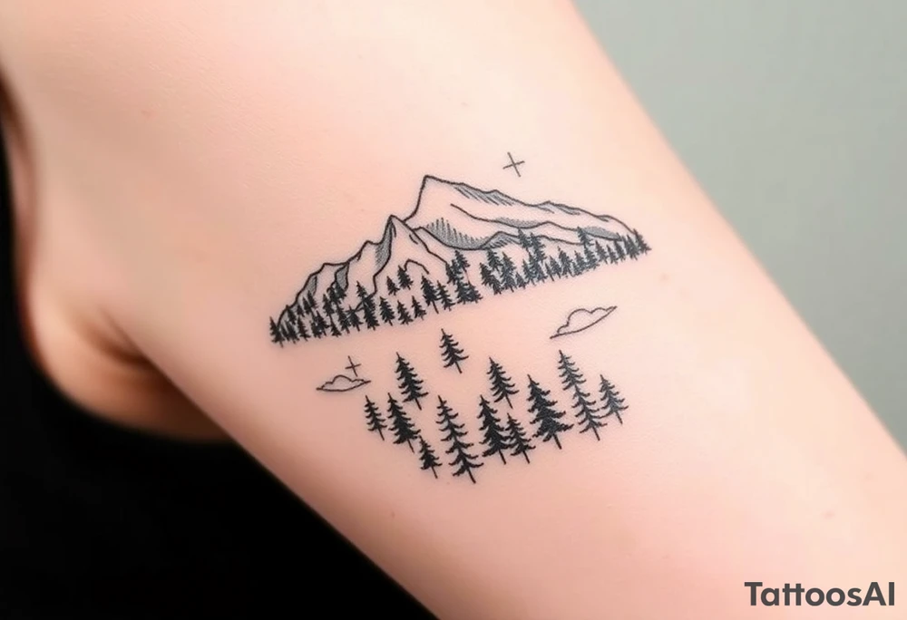 A fine line tattoo where a dense forest of trees transitions into a mountain range, symbolizing the shift from the dark, confusing atmosphere of Exile to the realization and clarity of Out of the Woods. The trees at the bottom are tightly packed, while the mountains gradually spread out and rise, symbolizing a feeling of freedom and escape from emotional turmoil tattoo idea