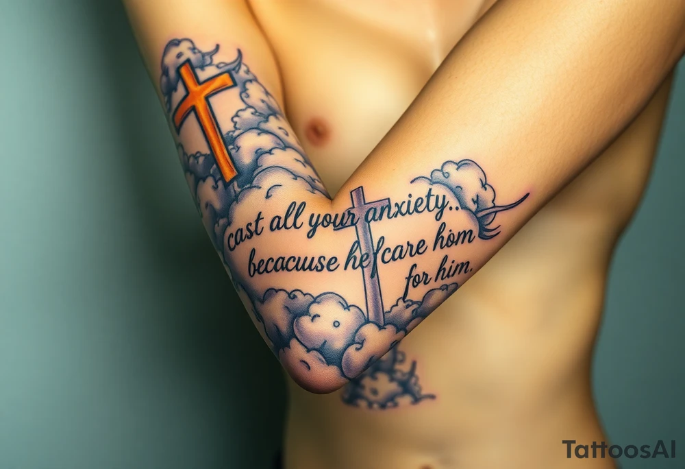 cast all your anxiety on him because he cares for you"  surrounded with clouds and cross tattoo idea